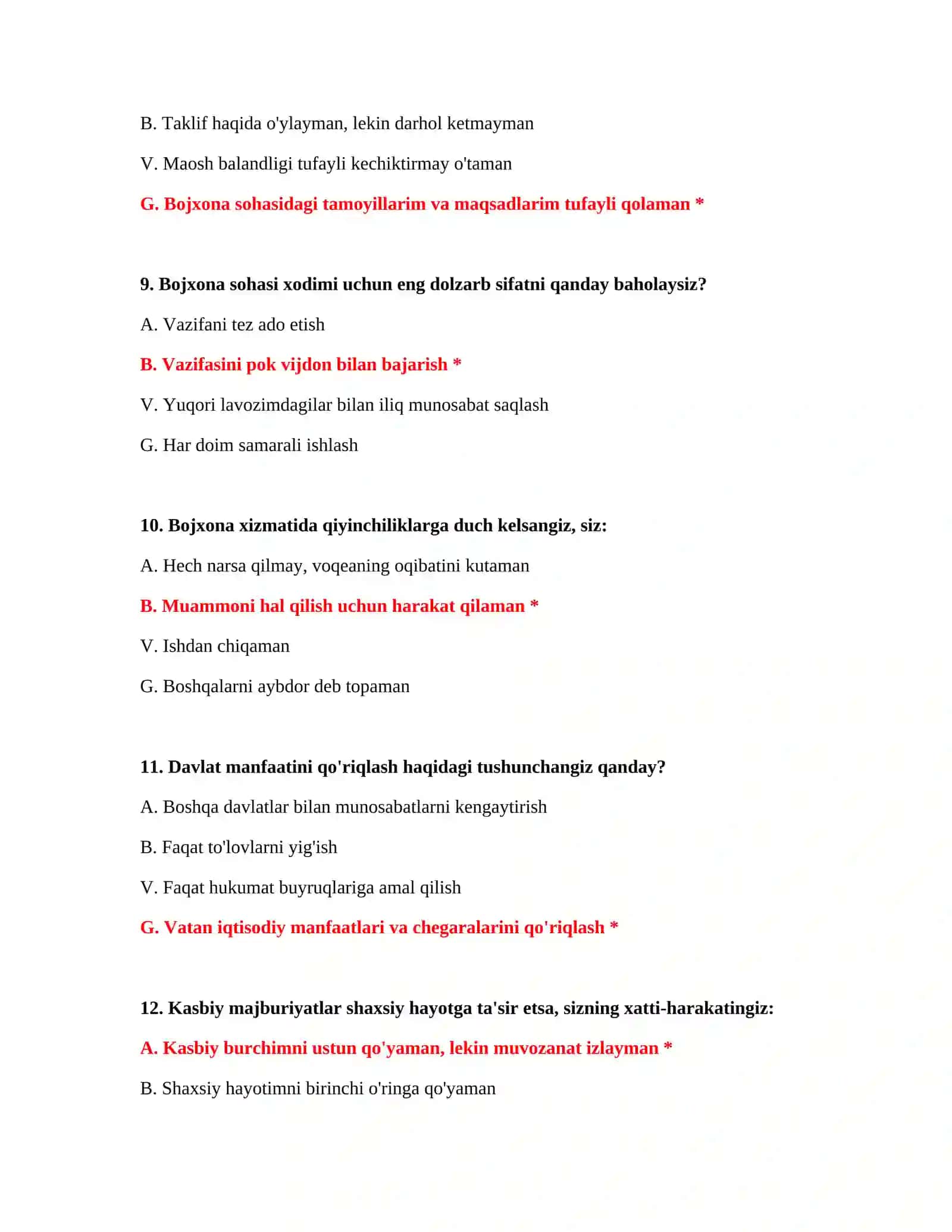 Bojxona Testlari Javoblari Bilan 4
