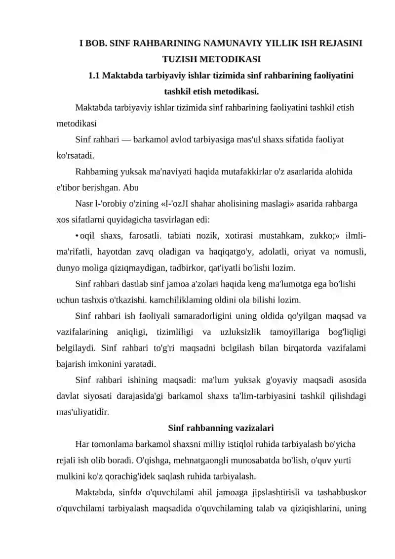 SINF RAHBARINING NAMUNAVIY YILLIK ISH REJASINI TUZISH METODIKASI 4
