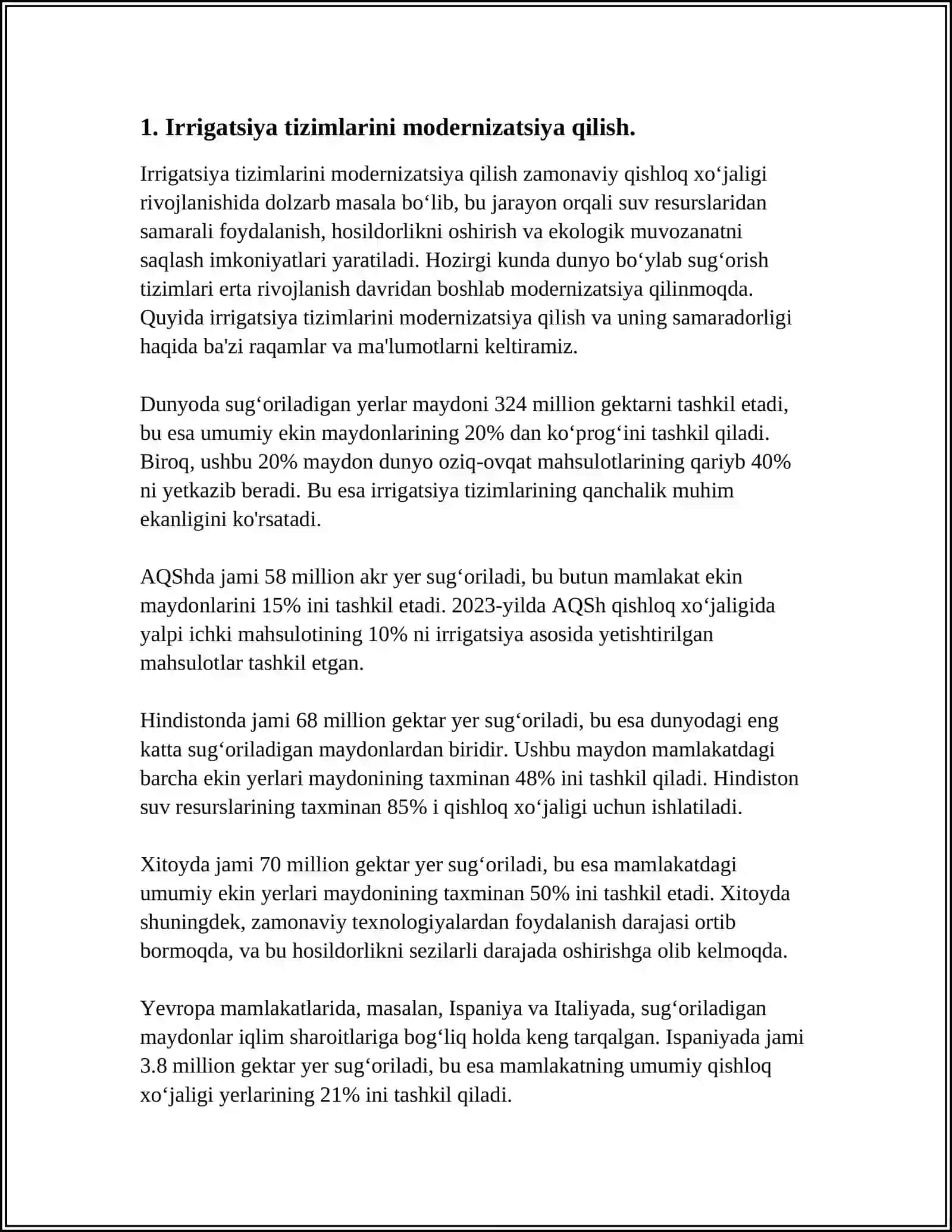 YER-SUV RESURSLARIDAN FOYDALANISHNING IQTISODIY SAMARADORLIGINI OSHIRISHDA IRRIGATSIYA VA MELIORATSIYA TADBIRLARI 4