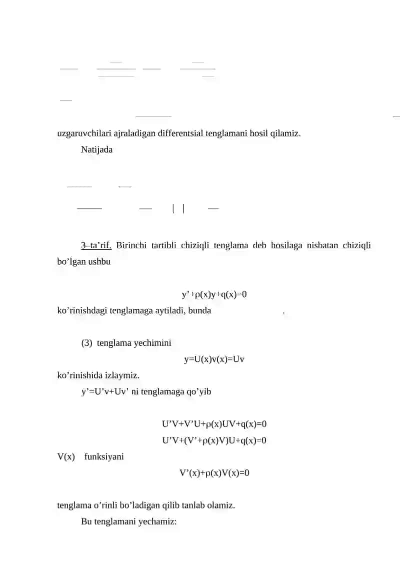O’zgaruvchilari ajraladigan tenglamalar. Birinchi tartibli tenglamalar 4