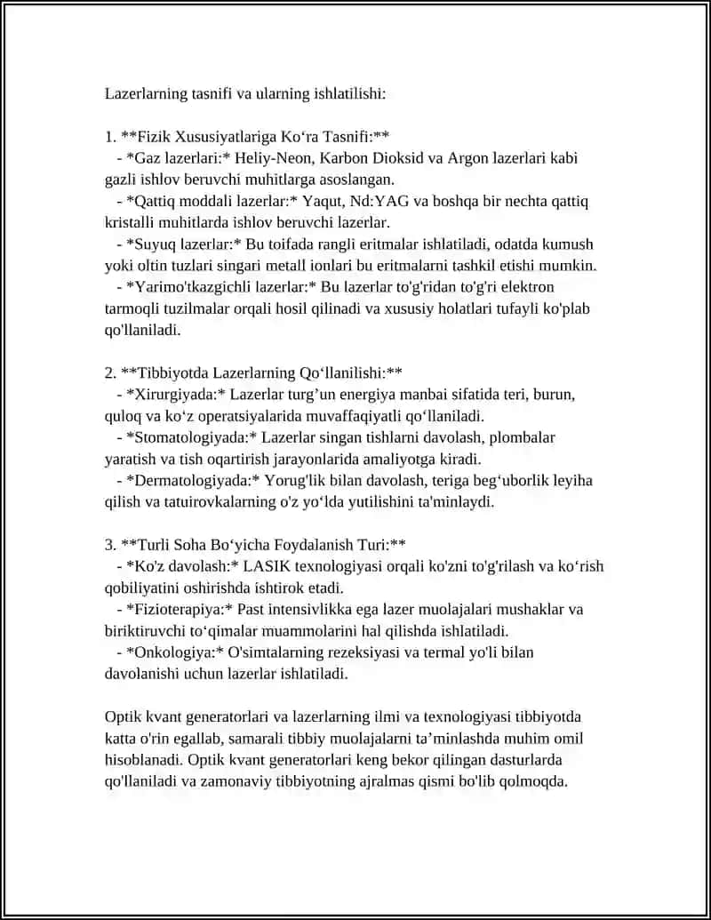 OPTIK KVANT GENERATORLARI. LAZERLAR VA ULATNI TIBBIYOTDA,XUSUSIY,STOMATOLOGIYADA QO’LLANISHI 4
