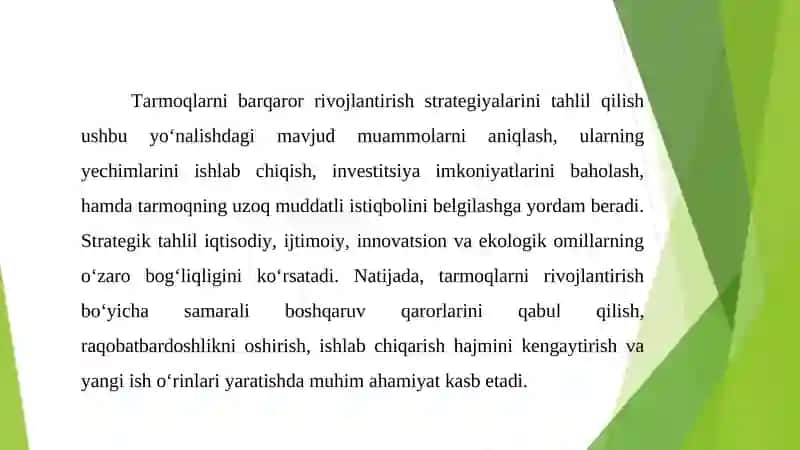 Tarmoqlarni barqaror rivojlantirish uchun amalga oshiriladigan strategiyalarni tahlil qilish 4