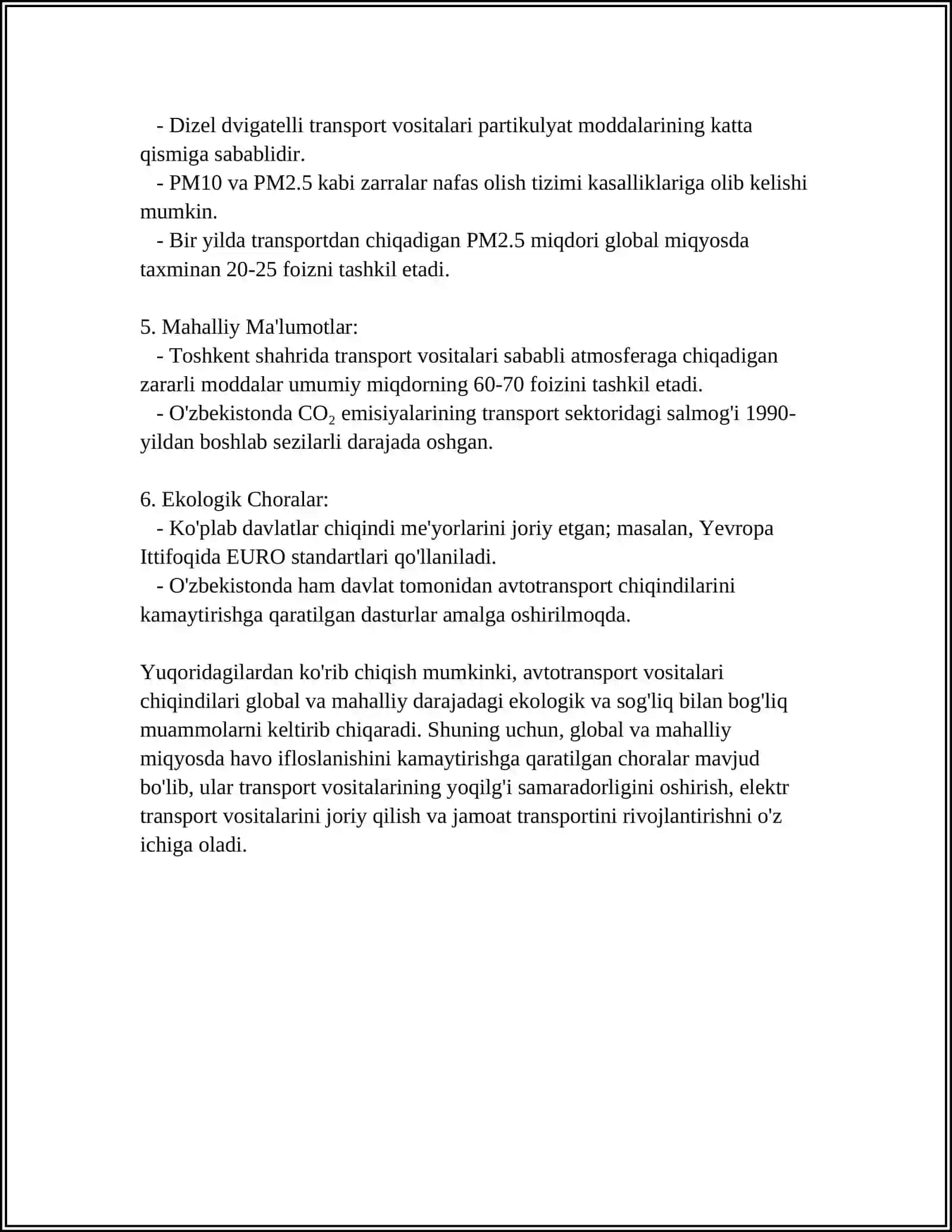 AVTOTRANSPORT VOSITALARINING ZARARLI CHIQINDILARI BILAN ATMOSFERA HAVOSINING IFLOSLANISHINI LABORATORIYA NAZORATI USULLARINI TAHLIL QILISH 4