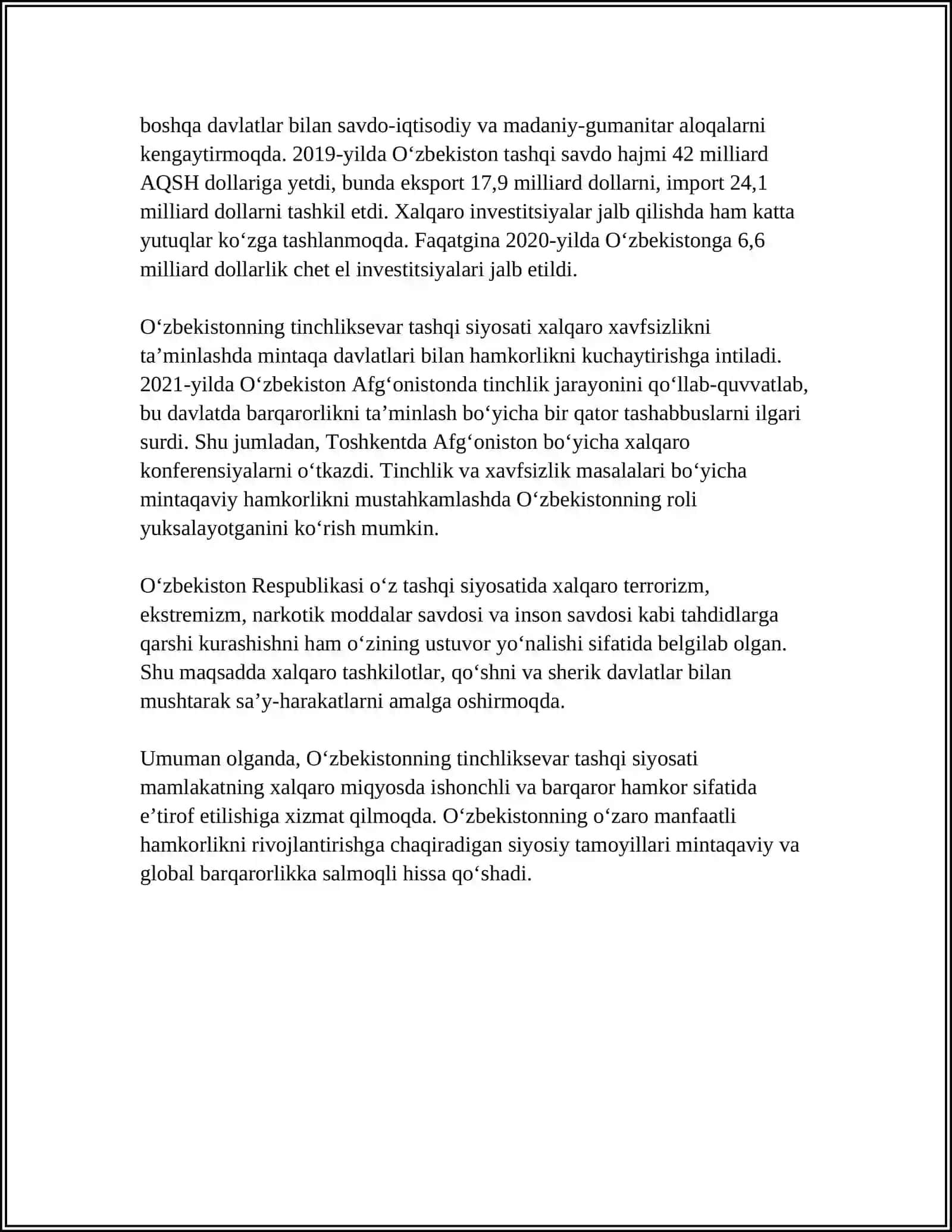OʻZBEKISTON TINCHLIK SEVAR TASHQI SIYOSATI VA JOHON HAMJAMIYATI TOMONIDAN TAN OLINISHI 4