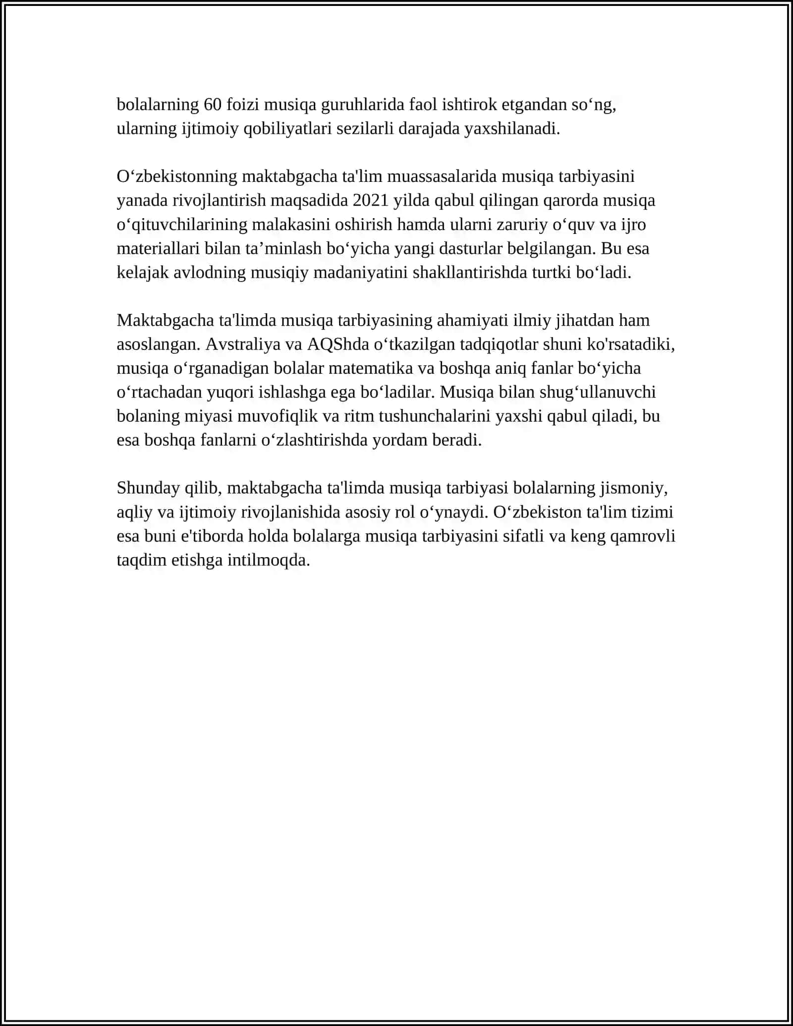 MAKTABGACHA TAʼLIM MUASSASALARIDA MUSIQA TARBIYASINING AHAMIYATI MASHGʻULOTLARINING XUSUSIYATI VA TUZILISHI 4