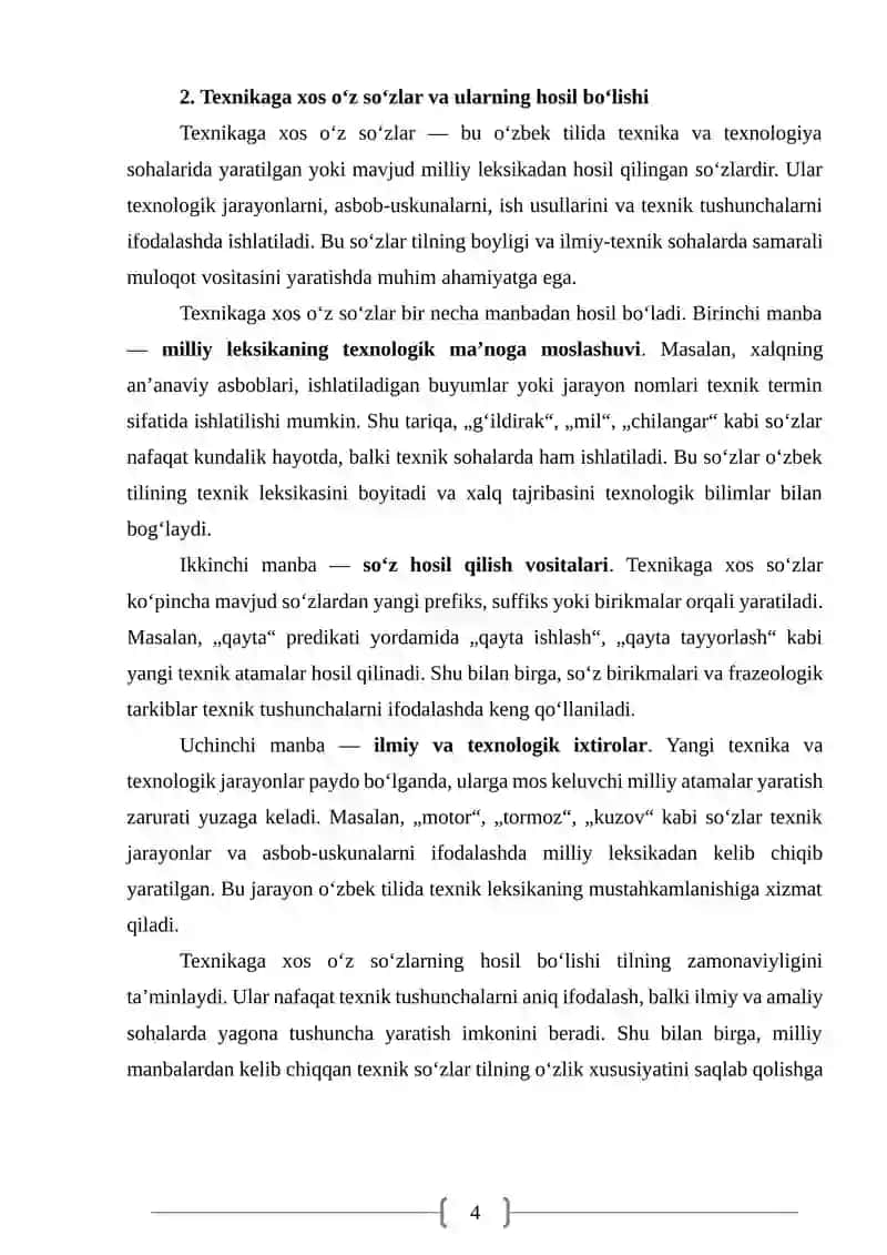 O‘zbek tili leksikasining boyish manbalari texnikaga xos o‘z va o‘zlashgan so‘zlar tasnifi 4