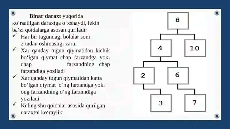 Daraxtsimon ma’lumotlar tuzilmalarini qayta ishlash algoritmlari va dasturlarini tushish. Binar daraxtlar bilan ishlash algoritmlari 4