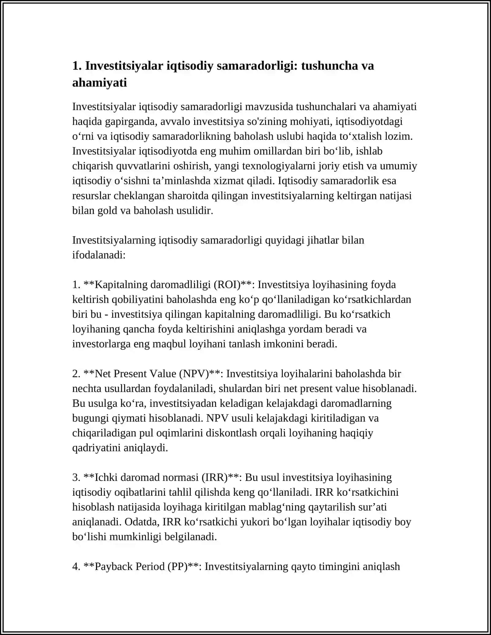 INVESTITSIYALAR IQTISODIY SAMARADORLIGINI BAHOLASH USLUBI 4