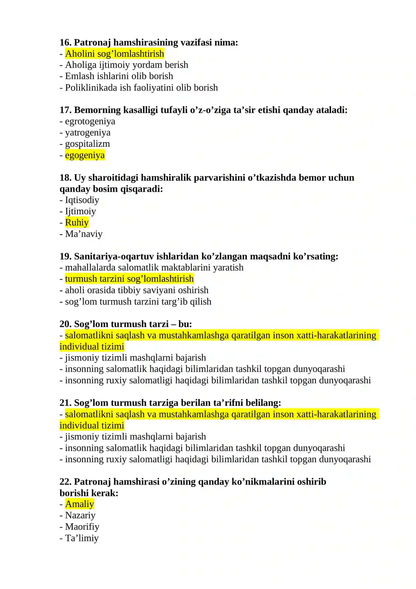 Hamshiralik ishi (patronaj hamshiralari) mutaxassisligi bo’yicha shakllantirilgan test savollari ro’yxati 4