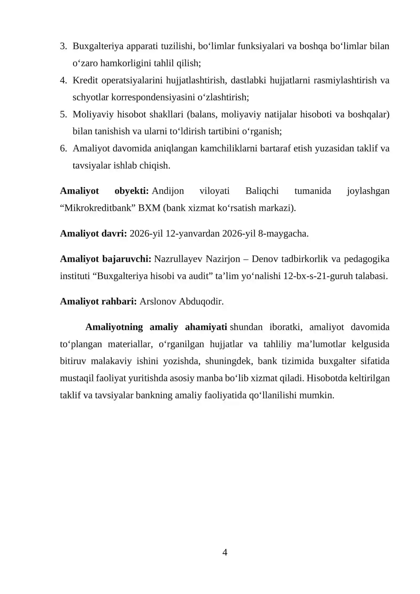Andijon viloyati Baliqchi tumani Mikrokreditbank BXM. MALAKAVIY AMALIYOT HISOBOTI 4