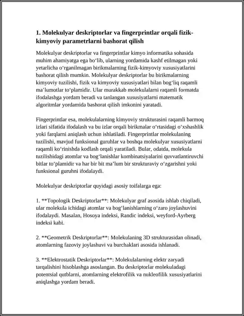 OʻRGANILMAGAN BIRIKMALARNING FIZIK KIMYOVIY PARAMETRLARINI BASHORAT QILISH 4