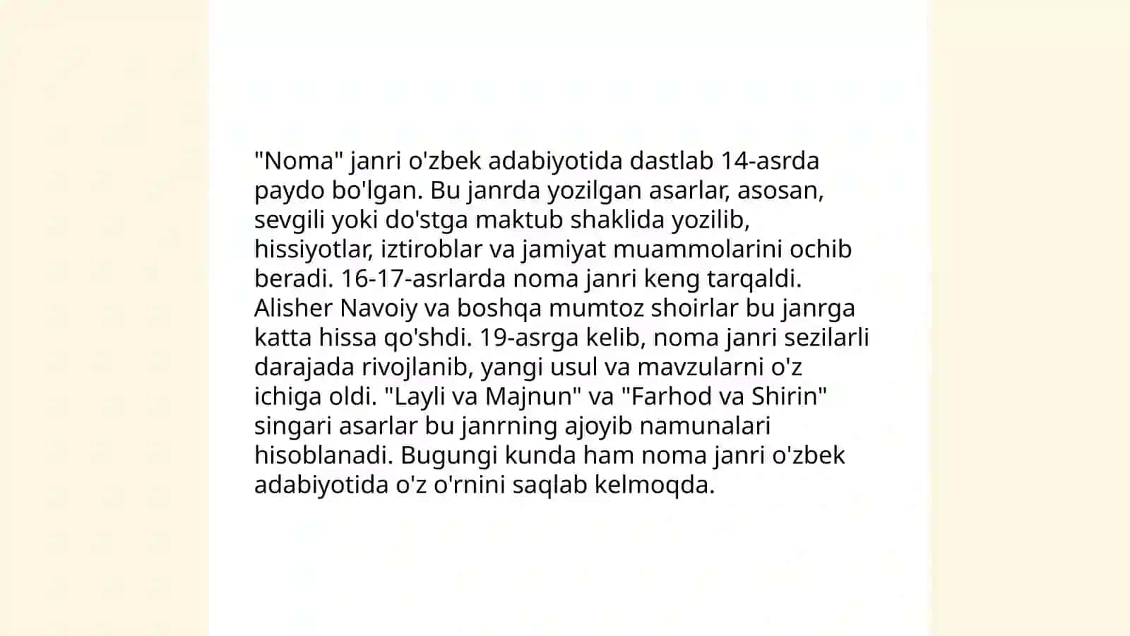 Oʻzbek adabiyoti va fors adabiyotida yaratilgan " noma" janriga tegishli asarlarni qiyoslash 4