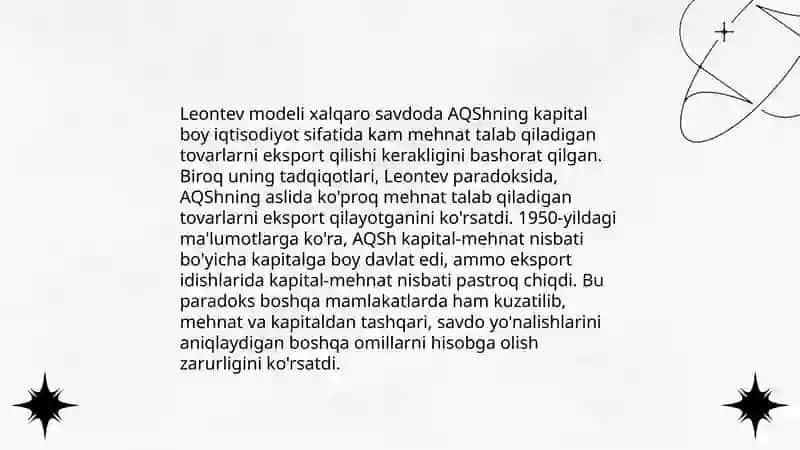 Leontevning mahsuldor modeli. Xalqaro savdo modeli 4