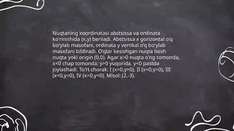 Koordinata burchagi.Nuqta koordinatasi 4
