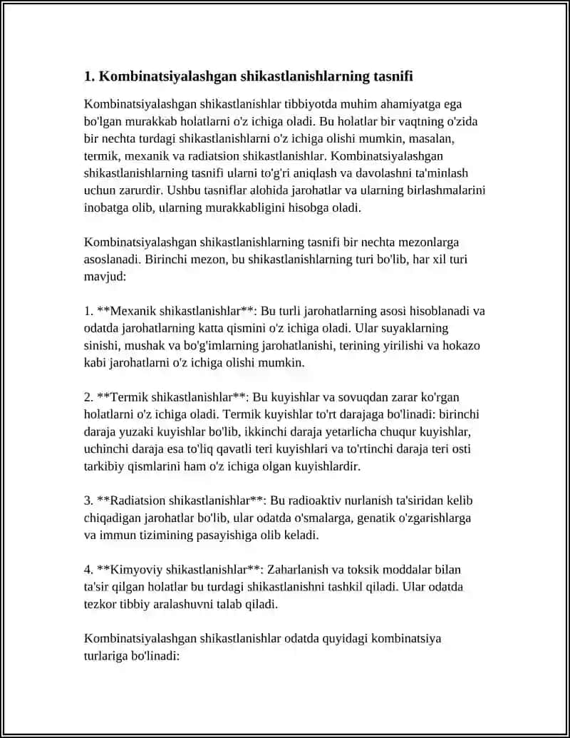 Kombinatsiyalashgan va Qo'shimcha Jarohatlar Kombinirlangan Shikastlanishi Referat 4