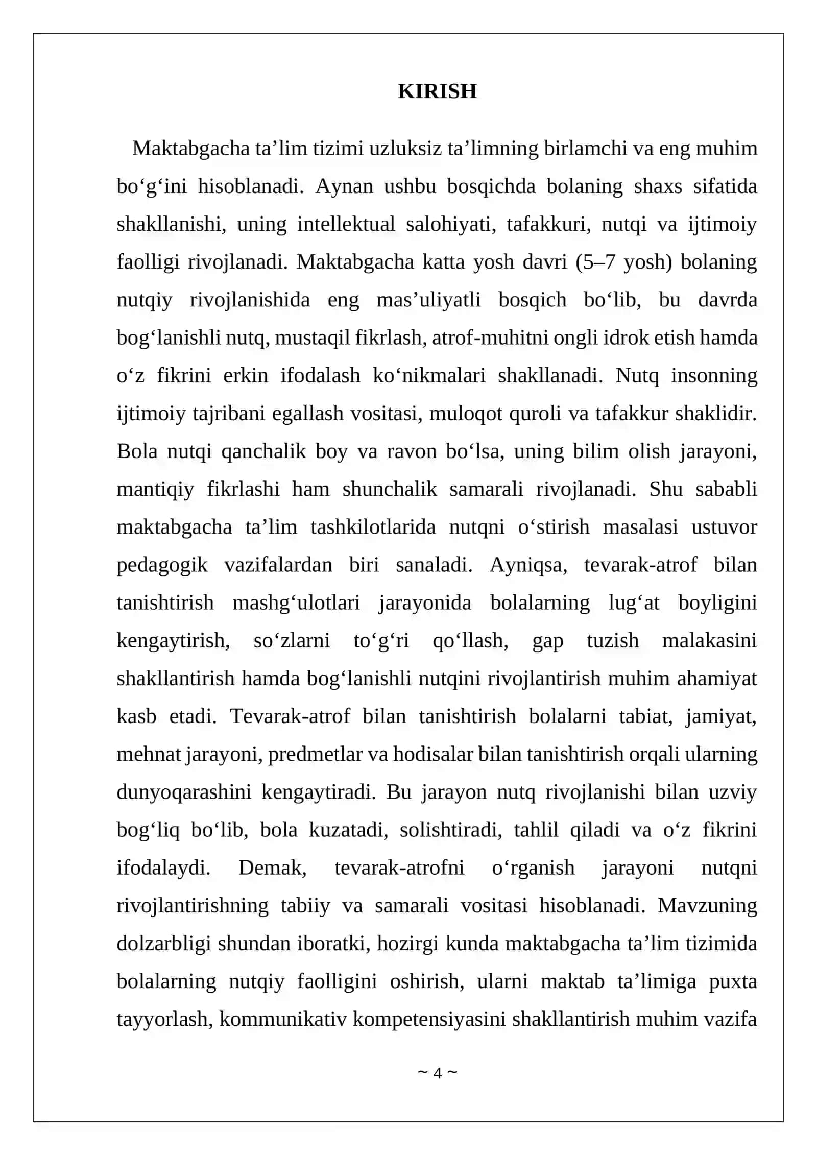 Tevarak atrof bilan tanishtirish jarayonida maktabgacha katta yoshdagi Bolalarning nutqini oʻstirish usullari. Kurs ishi 4