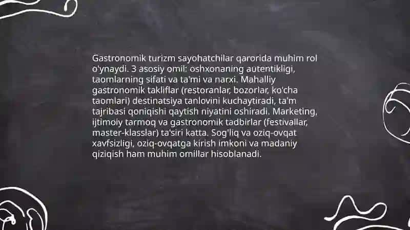Sizningcha, turist mamlakatni tanlashda milliy oshxona rolini qanday baholaydi? 4