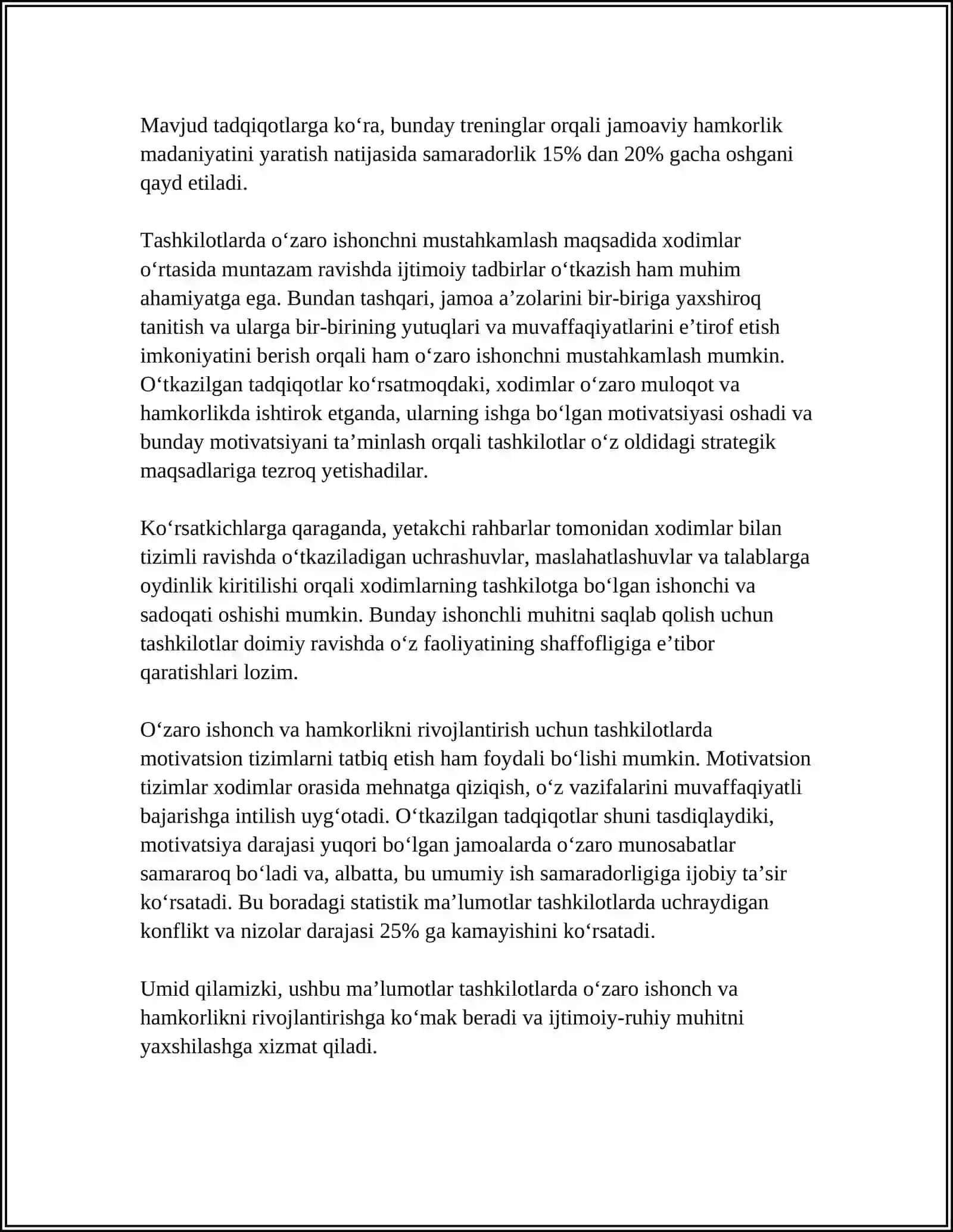 TASHKILOTLARDA O‘ZARO MUNOSABAT VA IJTIMOIY – RUHIY MUHITNI BARQARORLASHTIRISH 4
