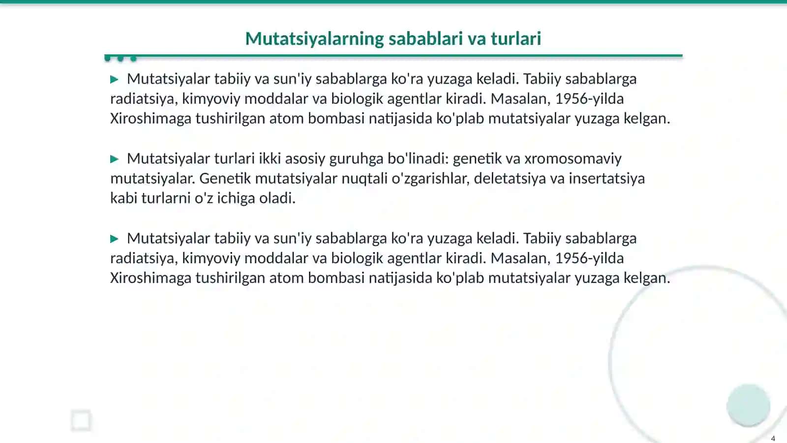 Mutatsiyalar: sabablari, shakllari, ahamiyati va biologik oqibatla 4