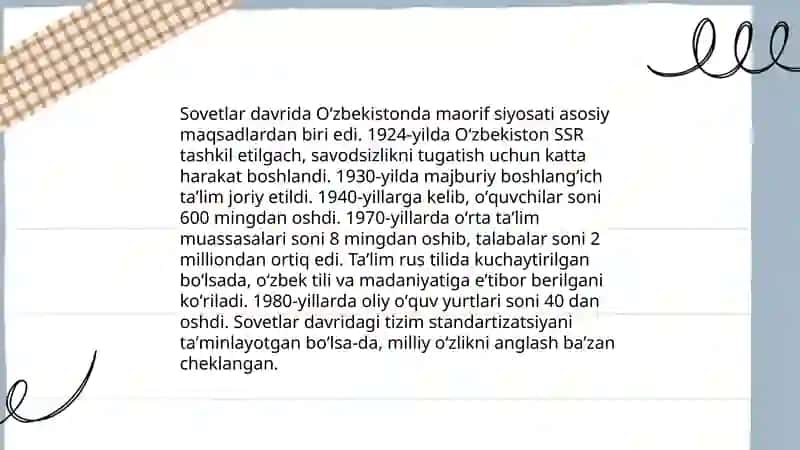 1924-1991 yillarda Oʻzbekistonda ta'lim tizimi va pedagogik fikrlar rivoji 4