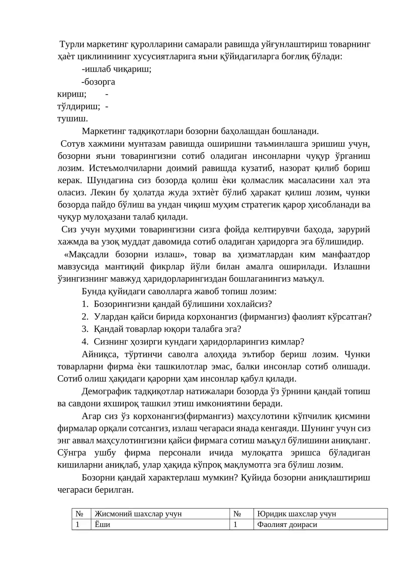 Бизнес режанинг маркетинг режаси бўлими 4