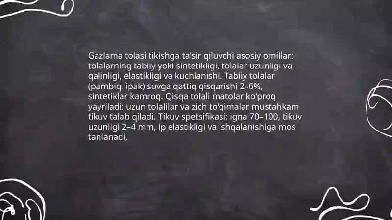 Turli assortimentdagi gazlamalardan kiyim tikish tayorlashning o‘ziga xos xususiyatlari 4