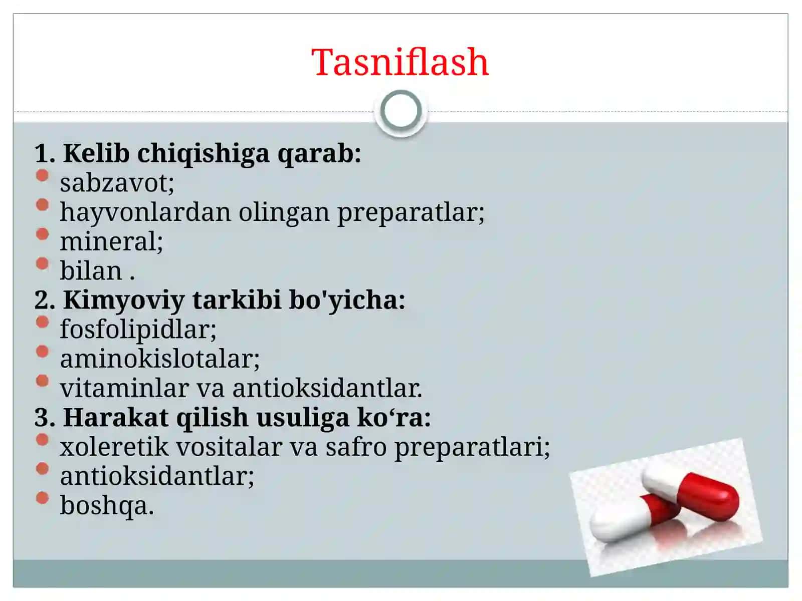 Gepatotrop va o’t haydovchi dori vositalarining klinik farmakologiyasi. Gepatoprotektorlar haqida tushuncha. Holelitiazda qo’llaniladigan preparatlar 4