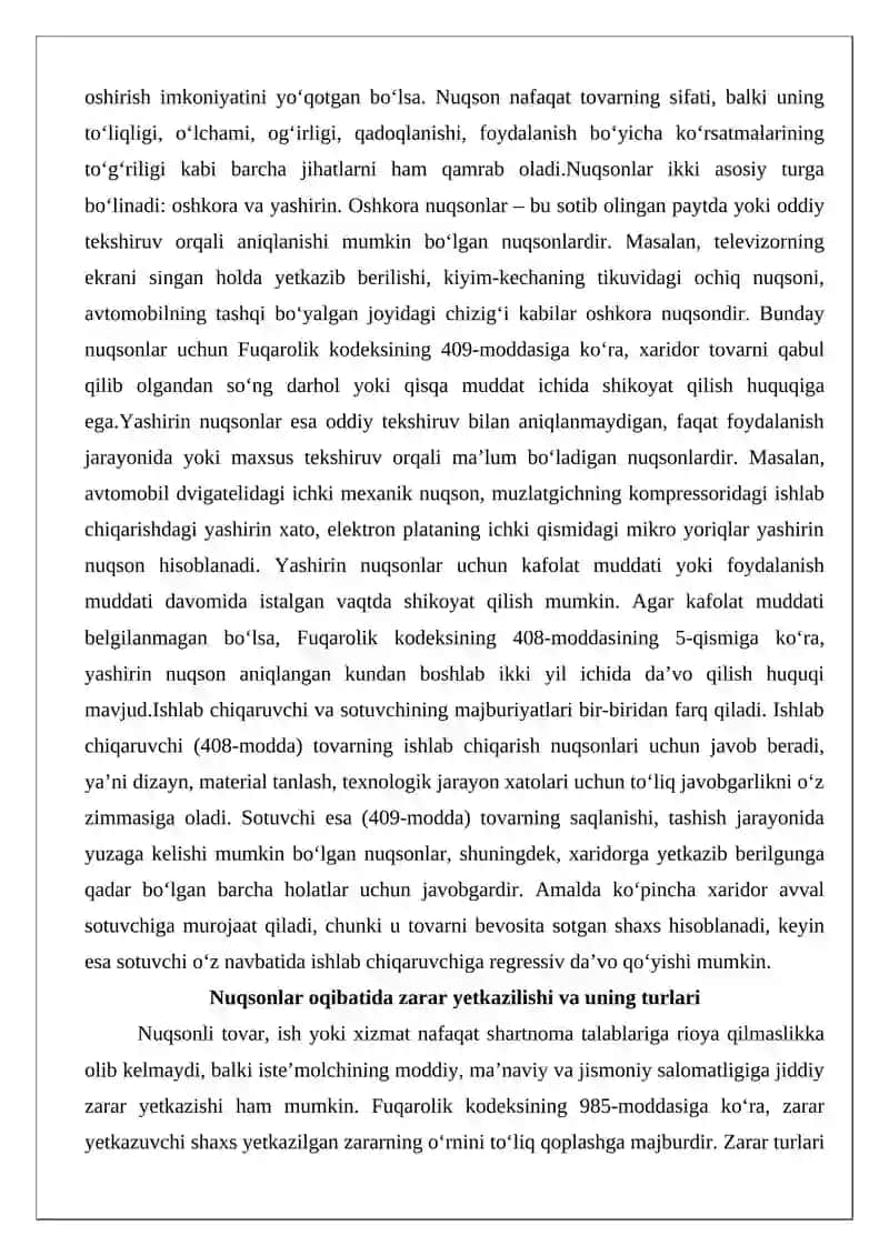 Nuqsonlar oqibatida yetkazilgan zararning o‘rnini qoplash 4