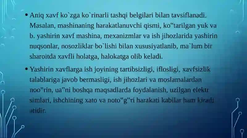 Ishlab chiqarish uskunalariga xavfsizlik talablari. Mehnat sharoiti va ularning elementlari. 4