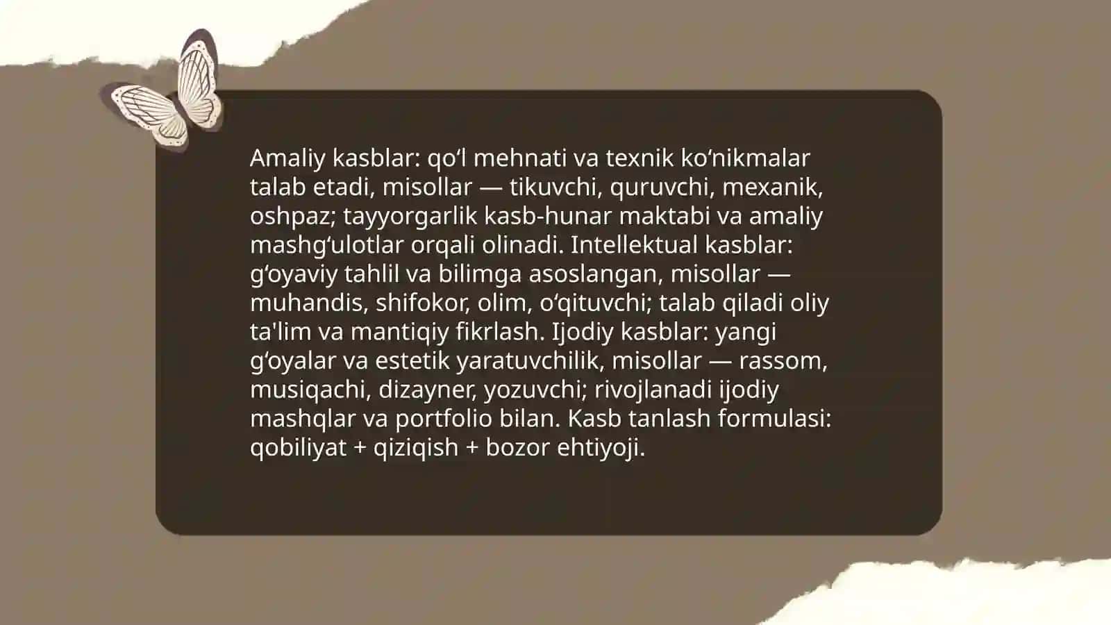 Kasblar tog’risida ma’lumotlar berish va ularning tiplari turkumlari guruppalari va kasb tanlash formulasi 4