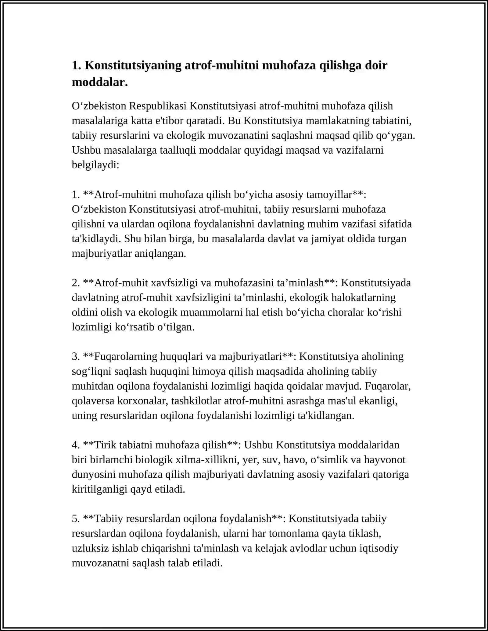 KONSTITUTSIYANING QAYSI MODDALARIDA TABIATNI ASRASHGA DOIR QONUNLARNI О‘RGANISH TAHLIL QILISH 4