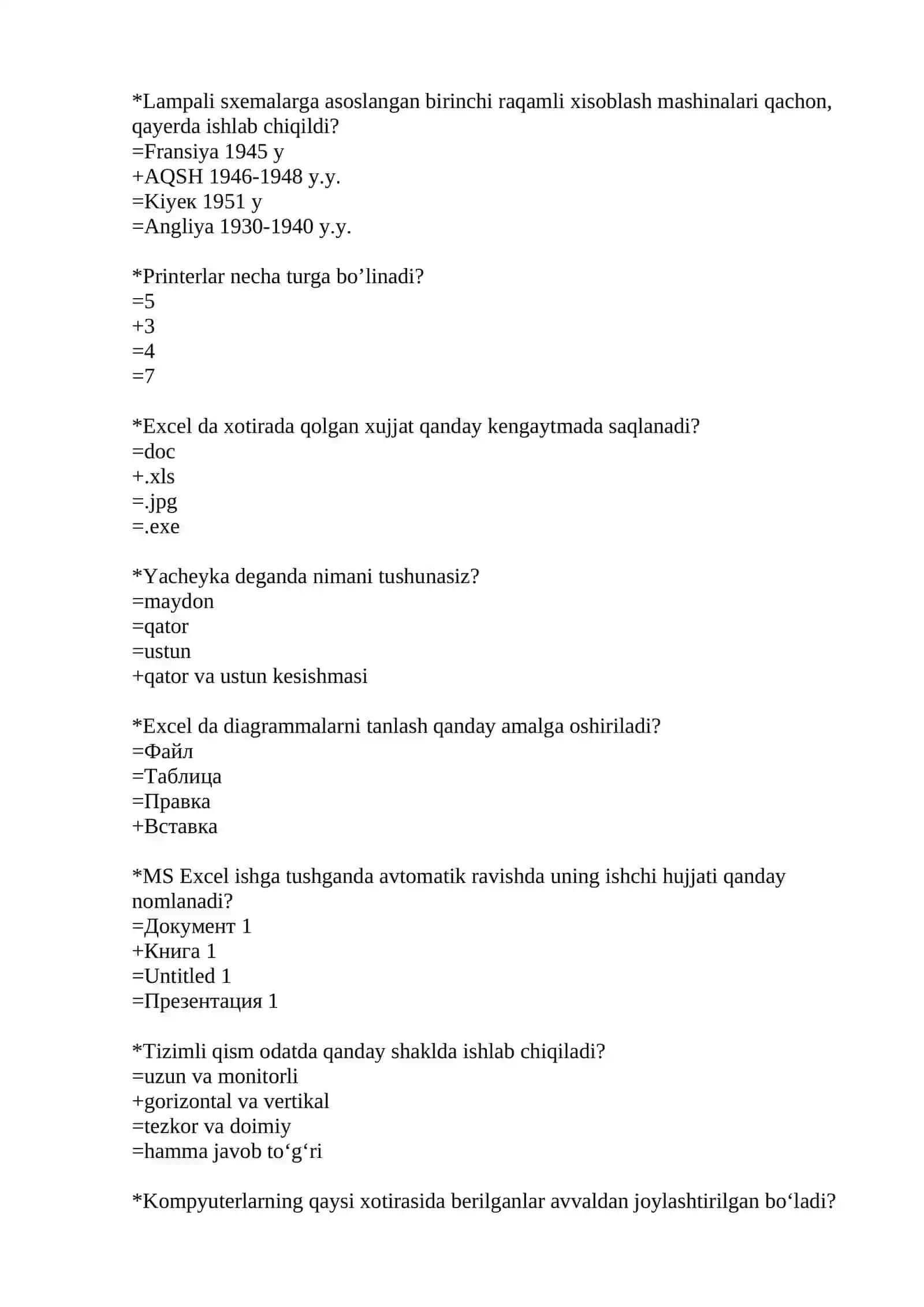 Yo’l harakatini tashkil etish ta’lim yo‘nalishi uchun maxsus (majburiy) fanlardan yakuniy davlat attestatsiyasi sinovi uchun test savollari 4