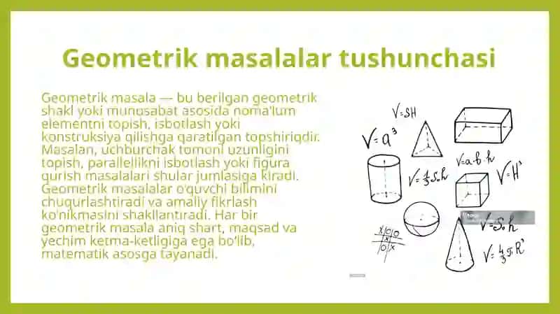 Geometrik masalalar turlari. Isbotlashga doir geometrik masalalar 4