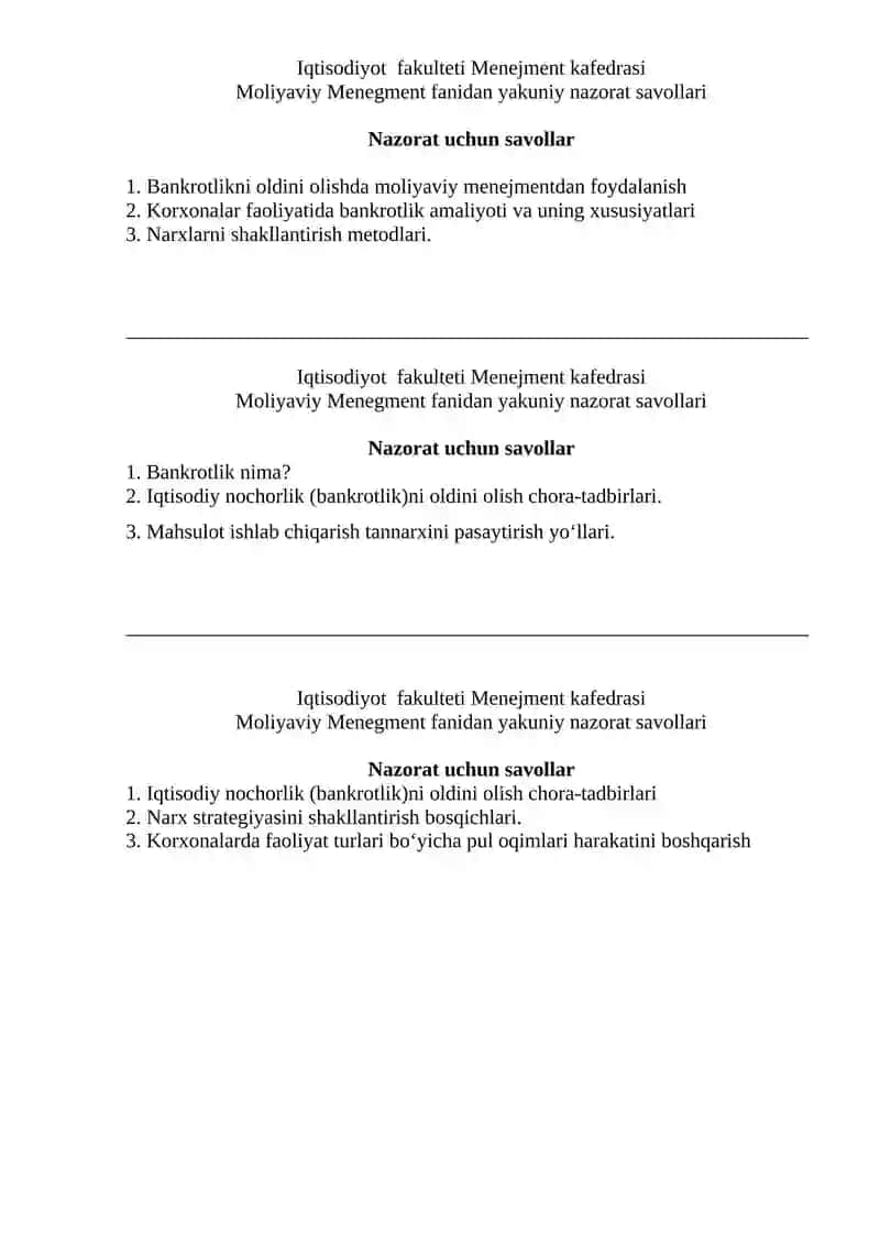 Moliyaviy Menegment fanidan yakuniy nazorat savollari 4