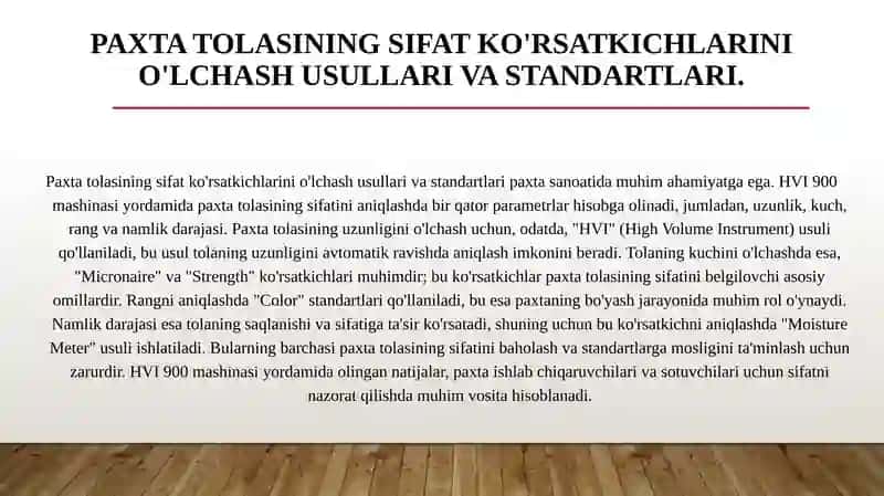 HVI 900 mashinasida paxta tolasini sifat koʻrsatkichlarini aniqlash 4