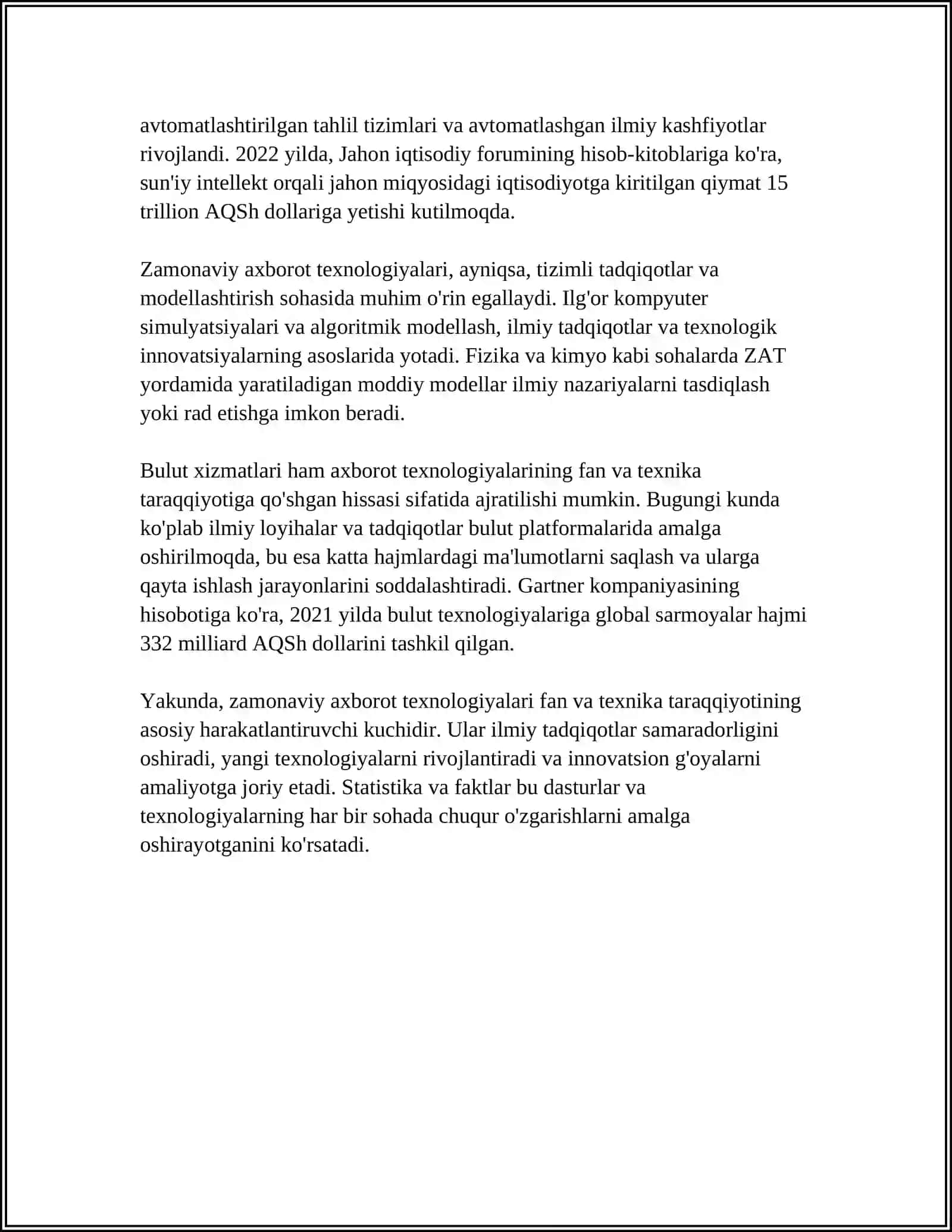 ZAMONAVIY AXBOROT TEXNOLOGIYALARI. FAN TEXNIKA TARAQQIYOTIDA AXBOROTLASHTIRISH JARAYONINING RO'LI VA O'RNI 4
