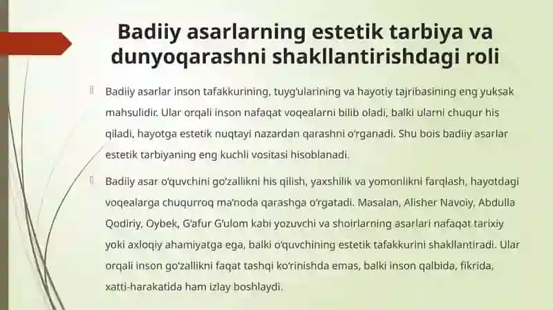 Dunyoni estetik idrok etishda badiiy asarlarning ahamiyati 4
