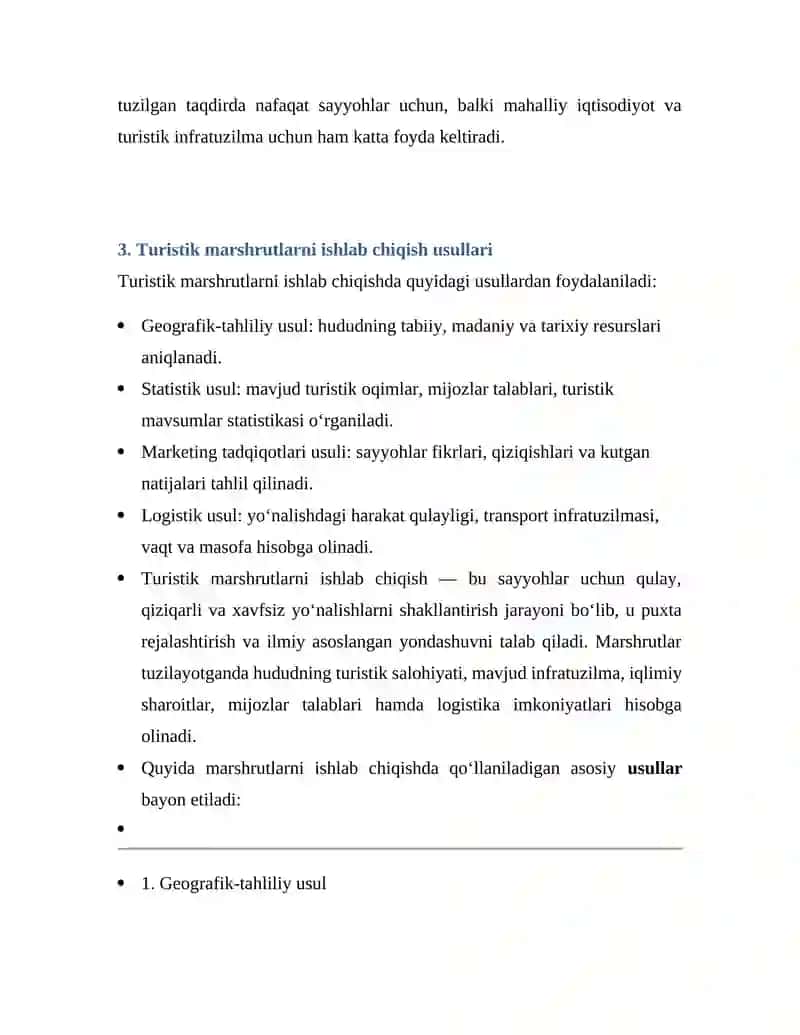 Turistik marshrutlarni ishlab chiqish usullari va tamoyillari 4