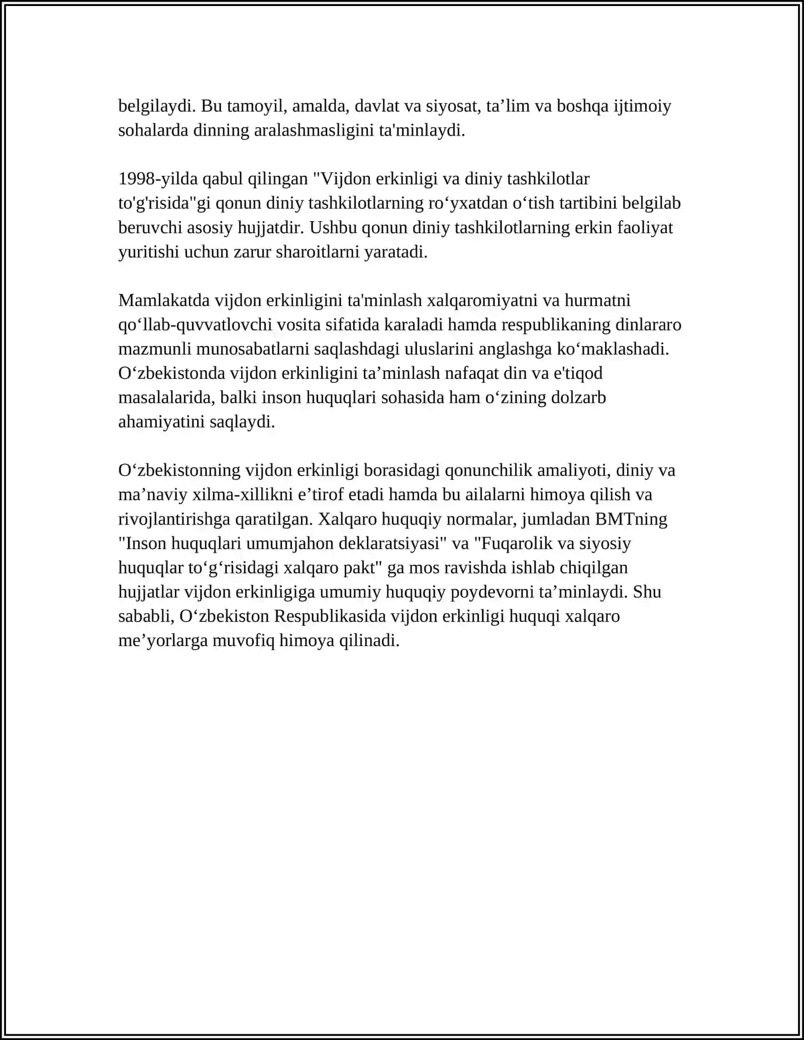 O'ZBEKISTON RESPUBLIKASI KONSTITUTSIYASIDA VIJDON ERKINLIGINING IFODALANISHI 4