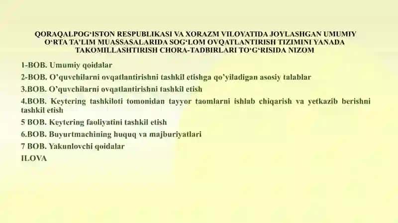 Qoraqalpog‘iston Respublikasi va Xorazm viloyatida boshlang‘ich sinf o‘quvchilarini bosqichma-bosqich bepul ovqat bilanta’minlash 4