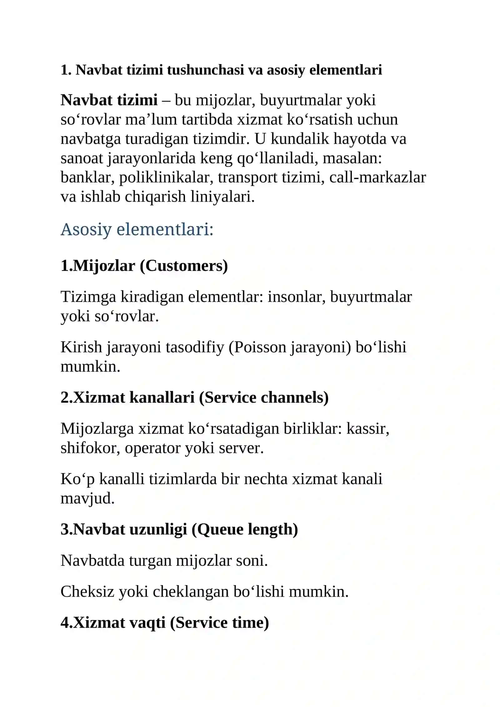 Ko‘p kanalli navbat tizimlari (M/M/c) va qo‘llanilish sohalari 4