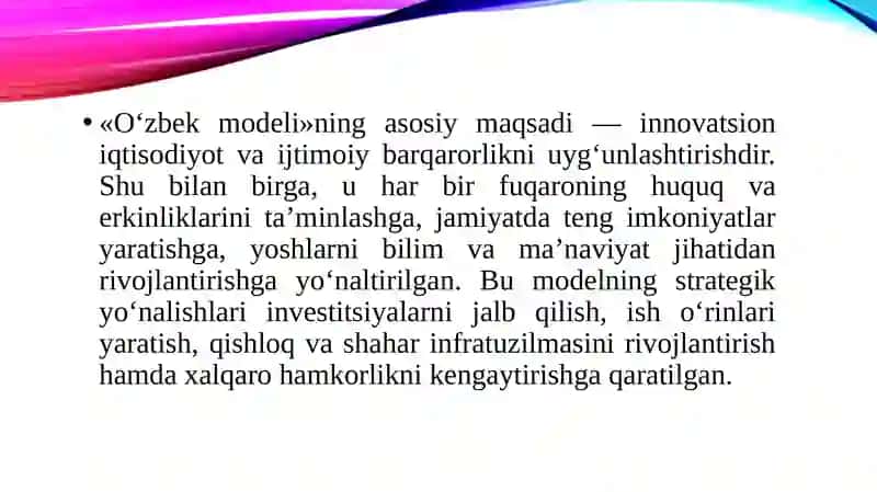 Taraqqiyotning «o'zbek modeli» va uning o'ziga xos xususiyatlari 4