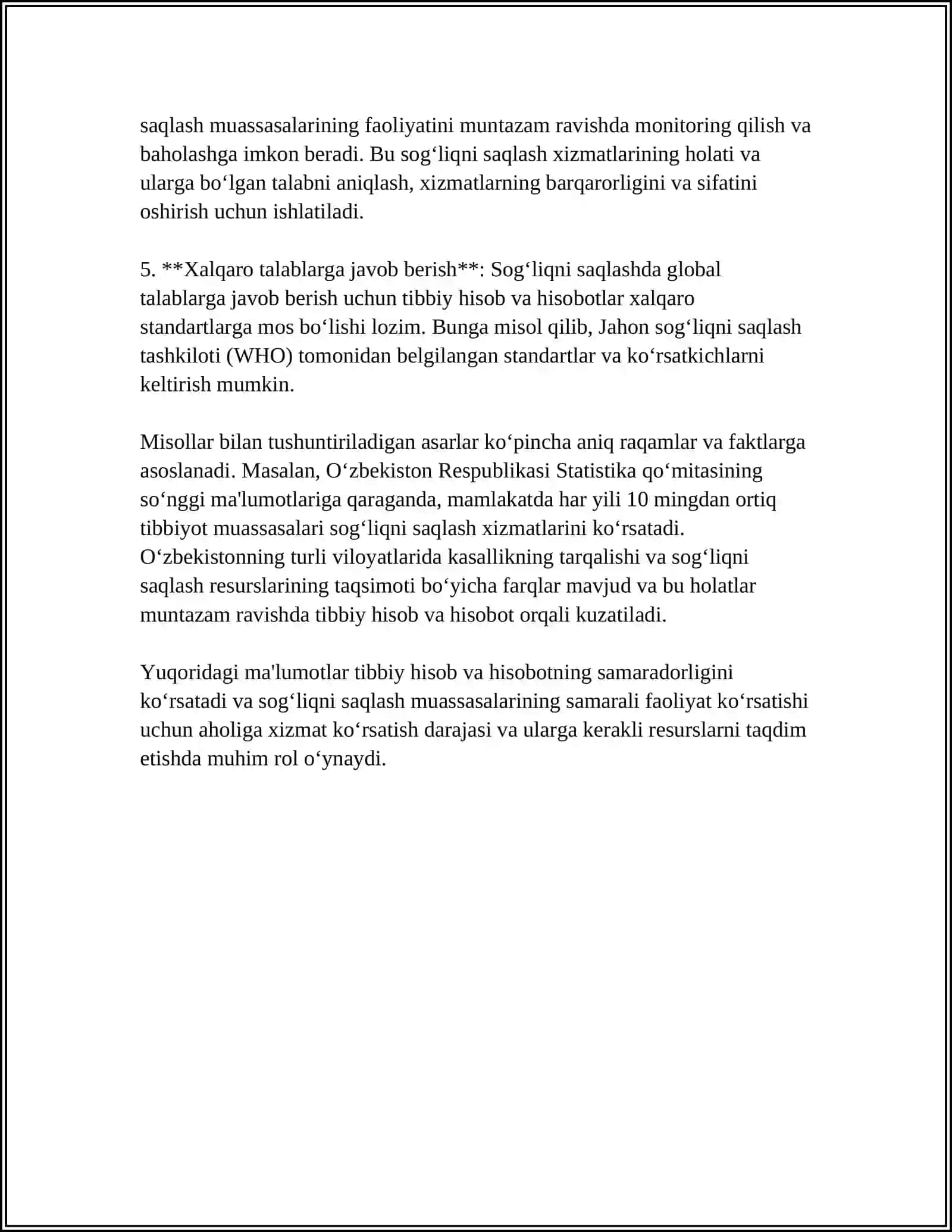 MUSTAQIL ISH Mavzu: TIBBIY HISOB VA HISOBOTNING TIBBIYOT XIZMATI FAOLIYATINI TASHKILLASHTIRISHDAGI AHAMIYATI 4