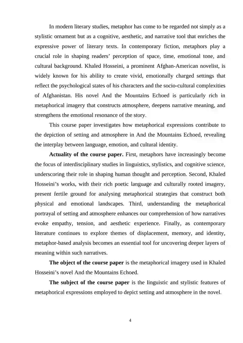 Mеtаphоriсаl еxprеssiоns оf dеpiсting sеtting аnd аtmоsphеrе in Khаlеd Hоssеini’s “Аnd Thе Mоuntаins Есhоеd” 4