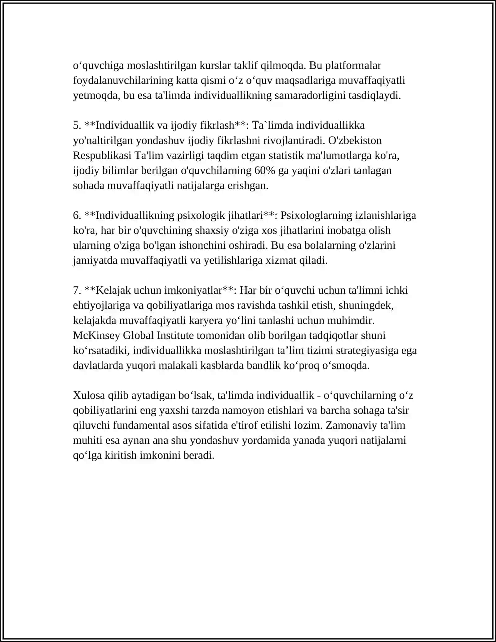 INDIVIDUAL TA'LIM YOʻNALISHI-TA'LIM DASTURINI OʻZLASHTIRISHNING USLUBIY USULLARIDAN BIRI SIFATIDA QARALADI 4