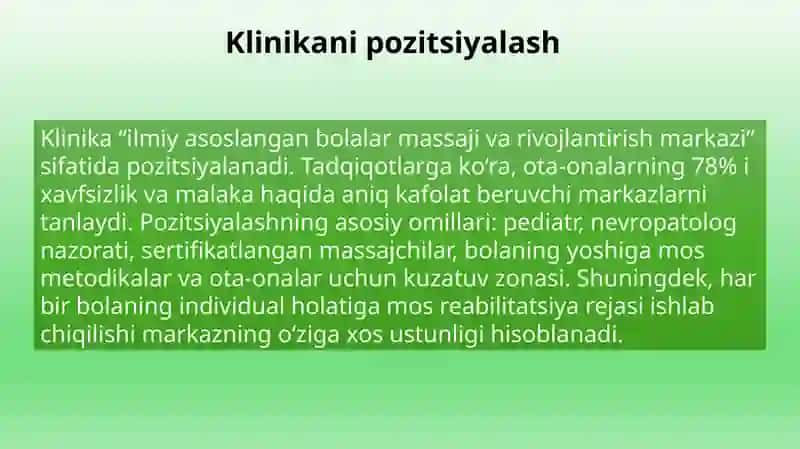 BOLALAR MASSAJI KLINIKASINI TASHKIL ETISH Marketing fani bo‘yicha loyiha ishi 4