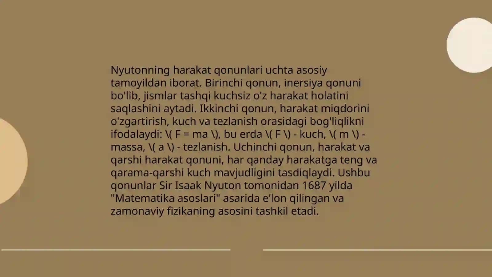 Sistemaning erkinlik darajasi soni. Bog‘lanishlarning reaksiyalari. Planetalar harakati: butun olam tortishish qonuni 4