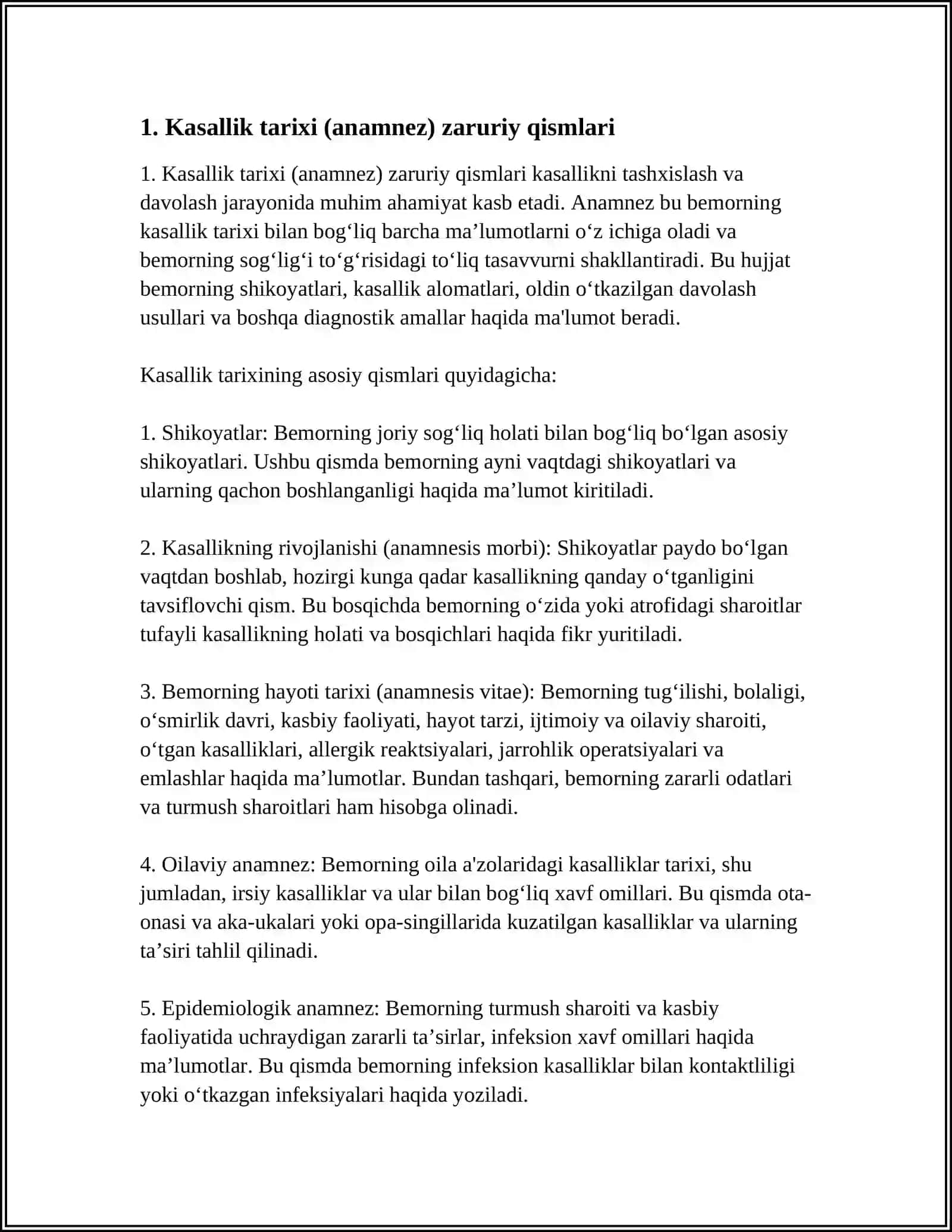 HUJJATLARINI (KASALLIK TARIXI, KASALLIK TARIXIDAN KOʻCHIRMA, YOʻLLANMA VA BUYRUQ) RASMIYLASHTIRISHNING ZARURIY QISMLARI VA NAMUNASI 4