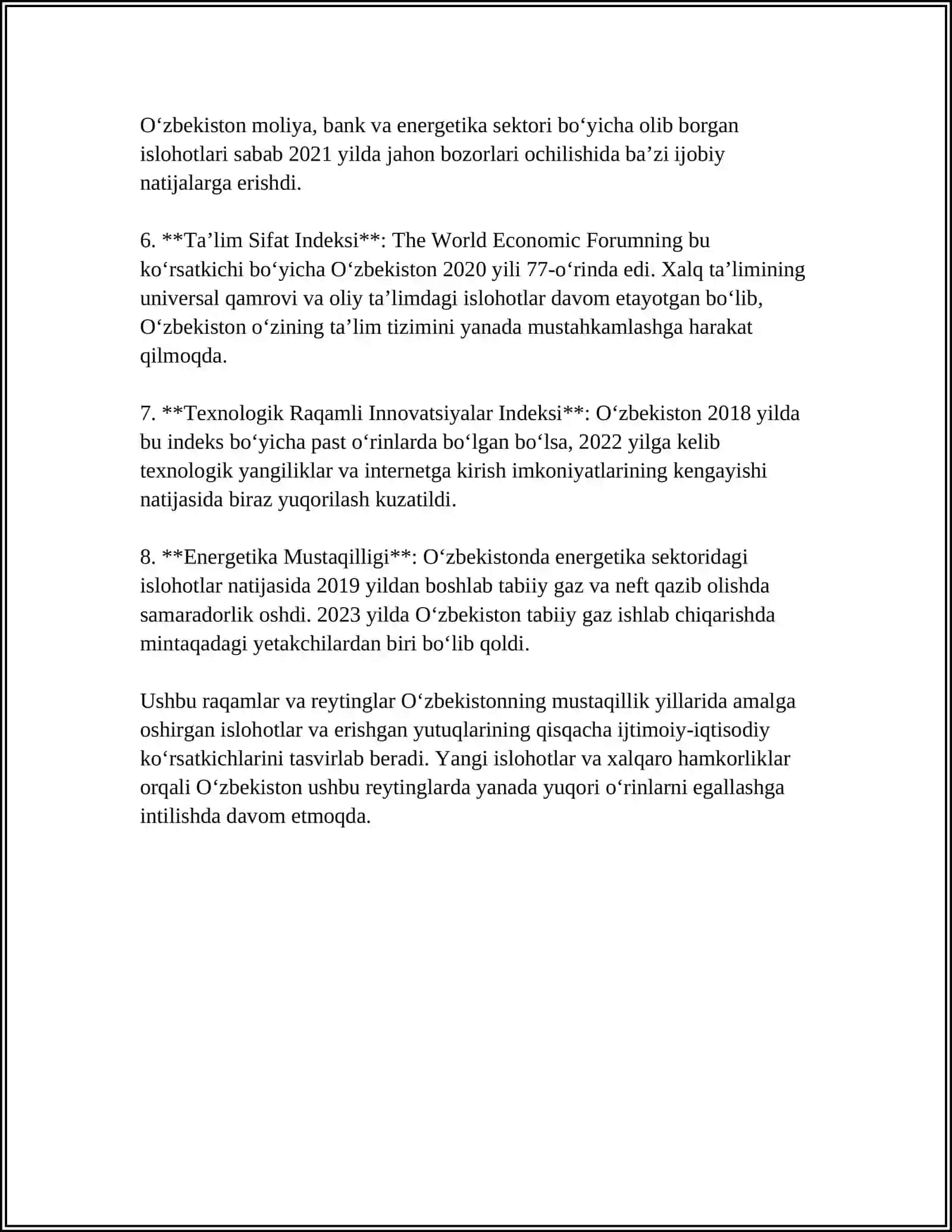 OʻZBEKISTONNI XALQARO REYTINGLARDAGI KOʻRSATGICHLARINI KOʻTARISHNING TARIXIY VA SIYOSIY AHAMIYATI 4