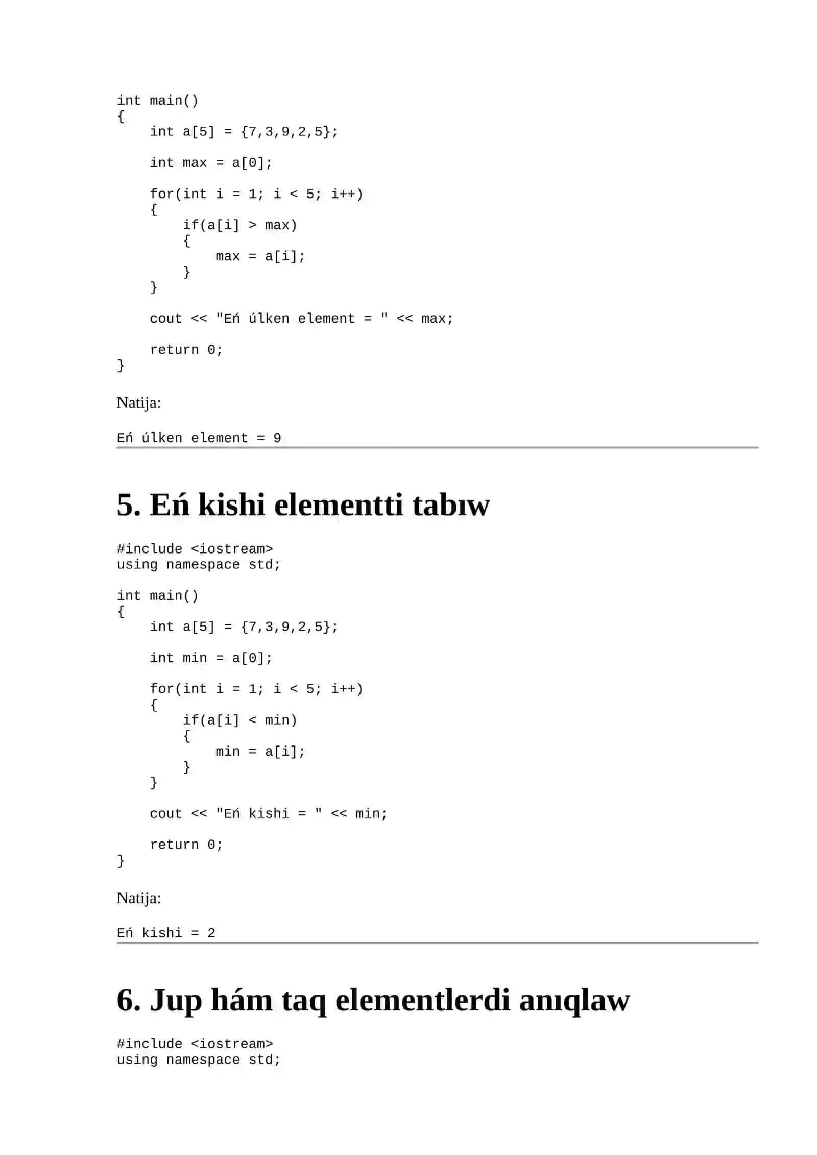 C++ tilinde massiv elementlerin analizlew hám saralaw 4
